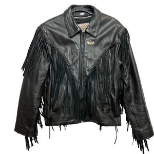 VINTAGE Leather Wear Jacket Womens 16 Black Motorcycle Fringe Woven Sides Biker
